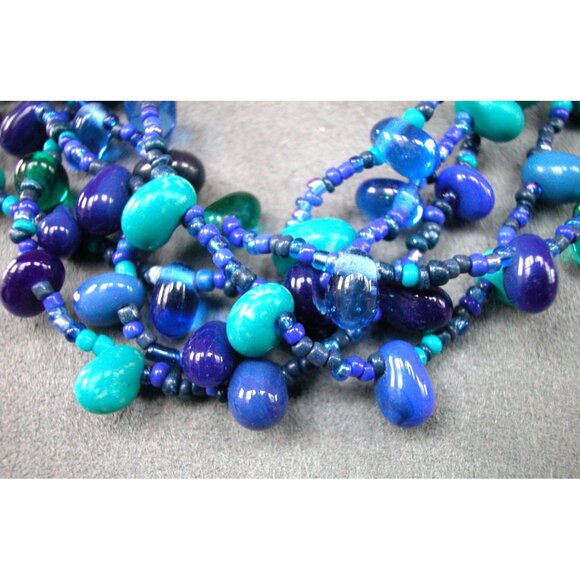 Five-Strand Blue & Turquoise Glass Bead Necklace Stretch Bracelet & Earrings - Picture 2 of 9